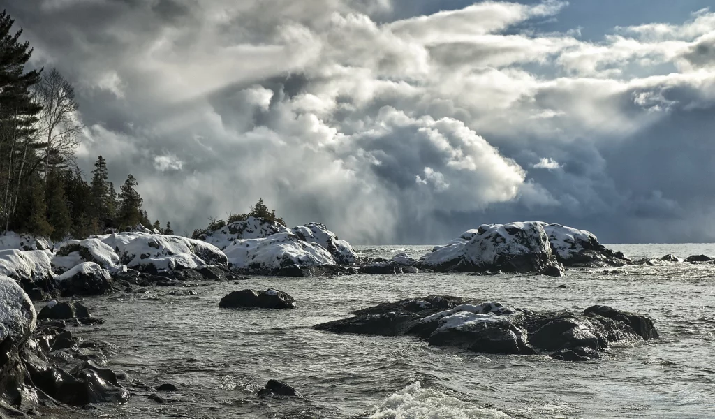 море, берег, зима, облака