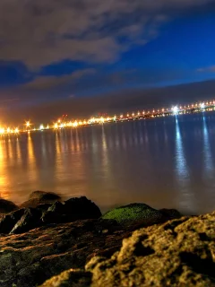 река, город, ночь, огни
