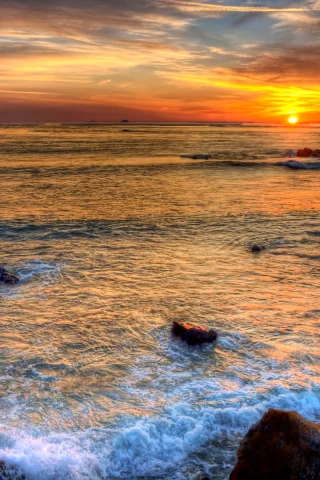 море, берег, камни, закат