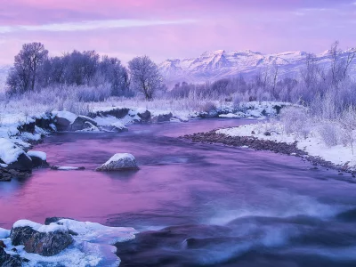 горы, лес, река, снег