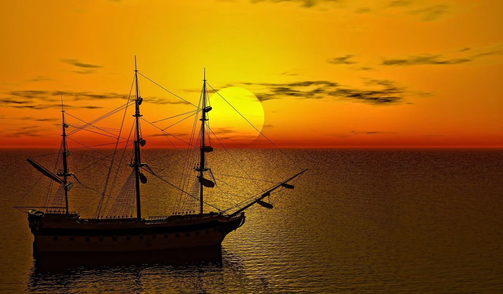 море, рассвет, парусник