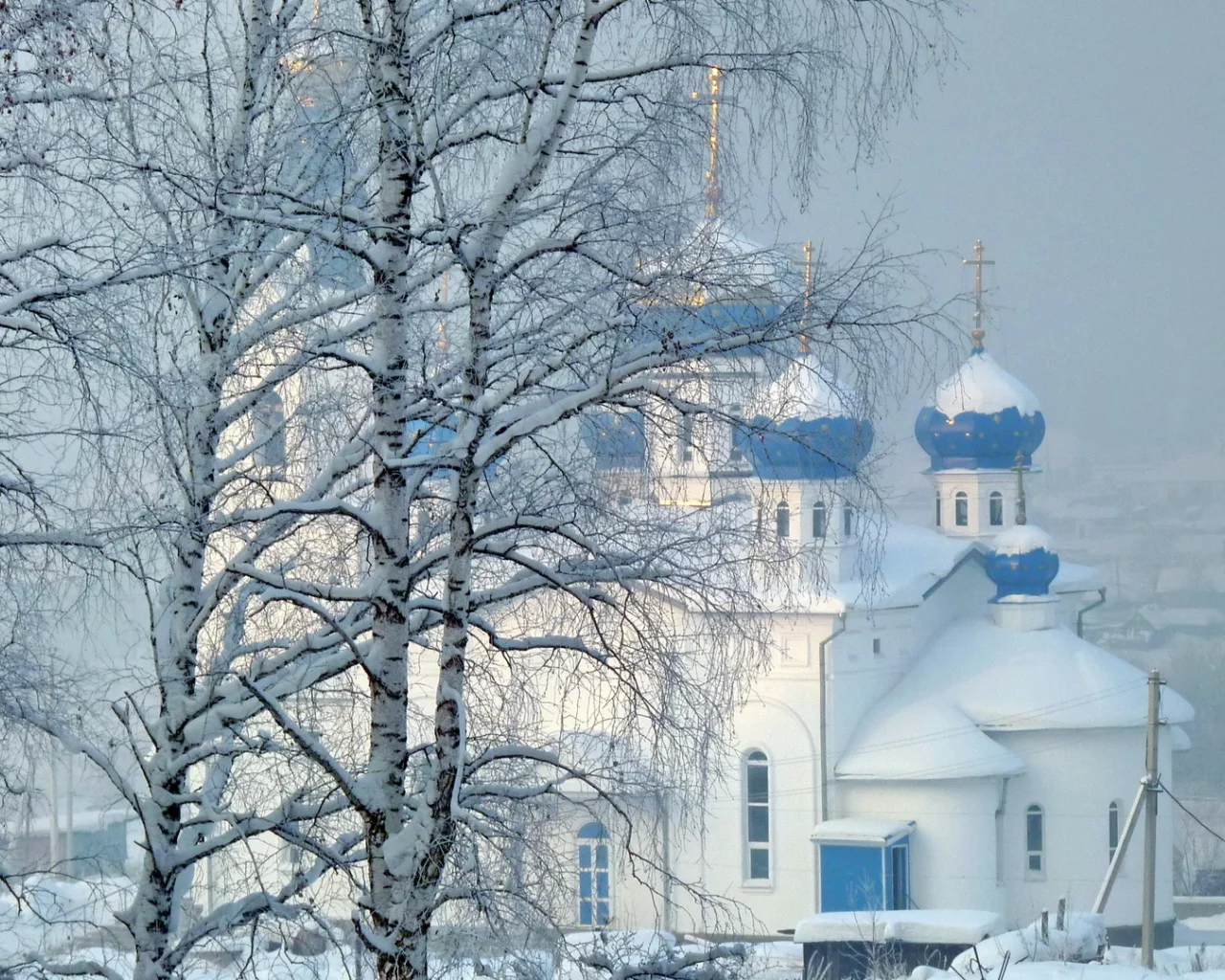зима, снег, деревья, храм