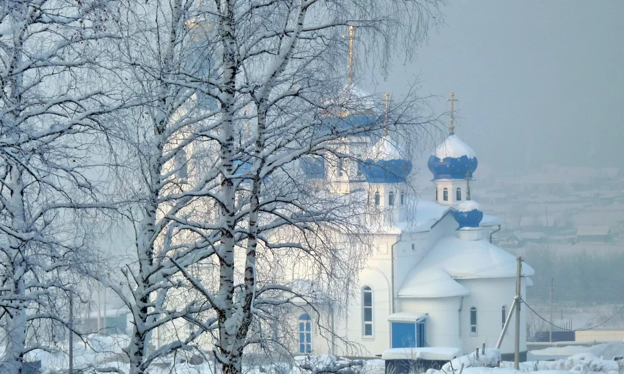 зима, снег, деревья, храм