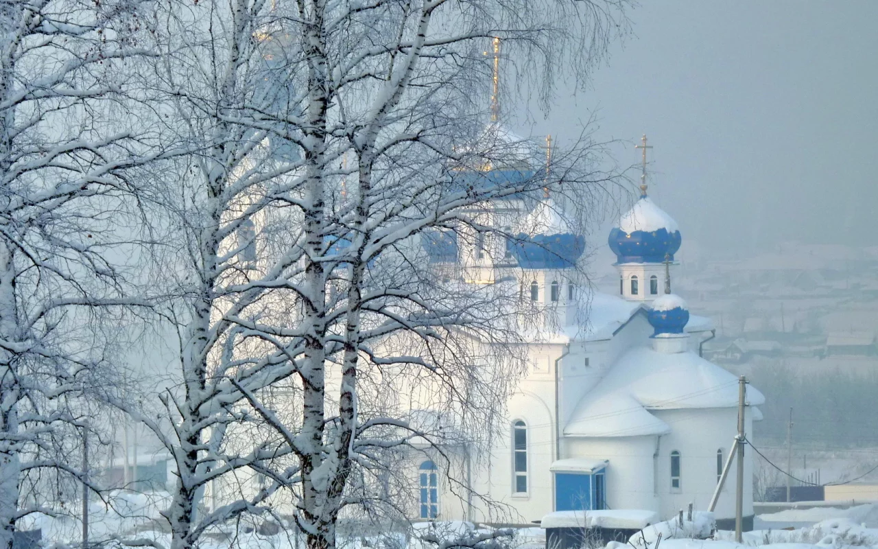 зима, снег, деревья, храм