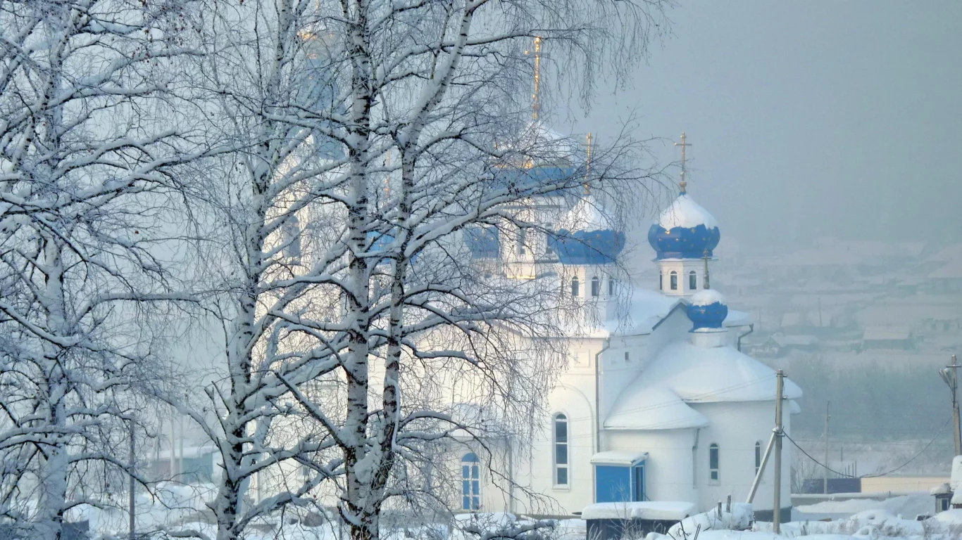 зима, снег, деревья, храм
