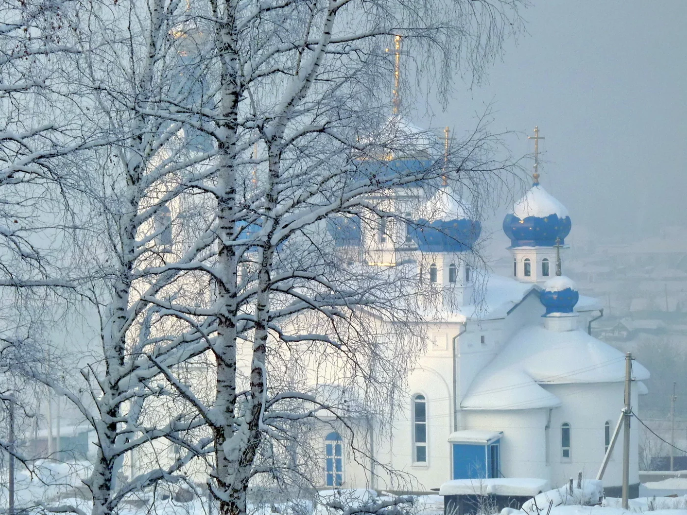 зима, снег, деревья, храм