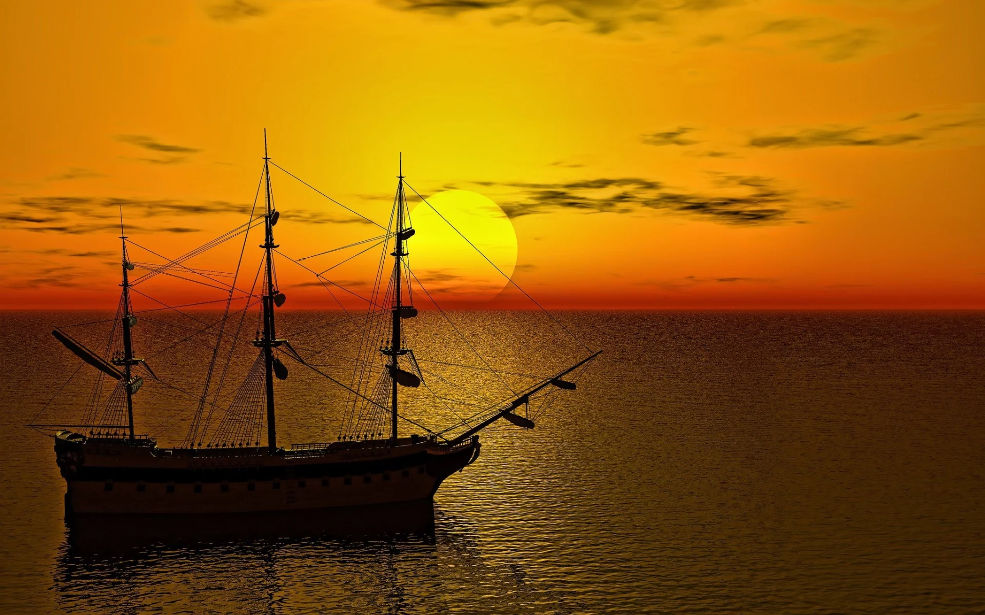 море, рассвет, парусник