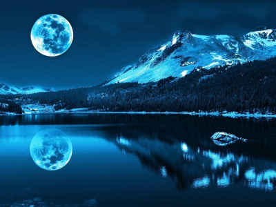 озеро, гора, ночь, луна