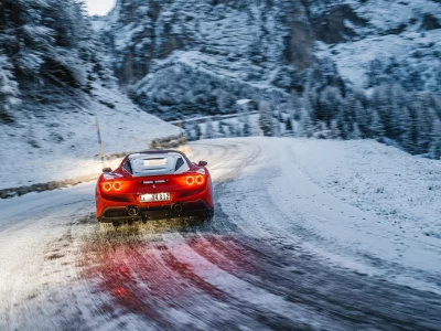автомобиль, ferrari, дорога, зима, снег