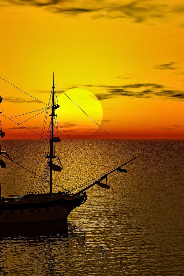 море, рассвет, парусник