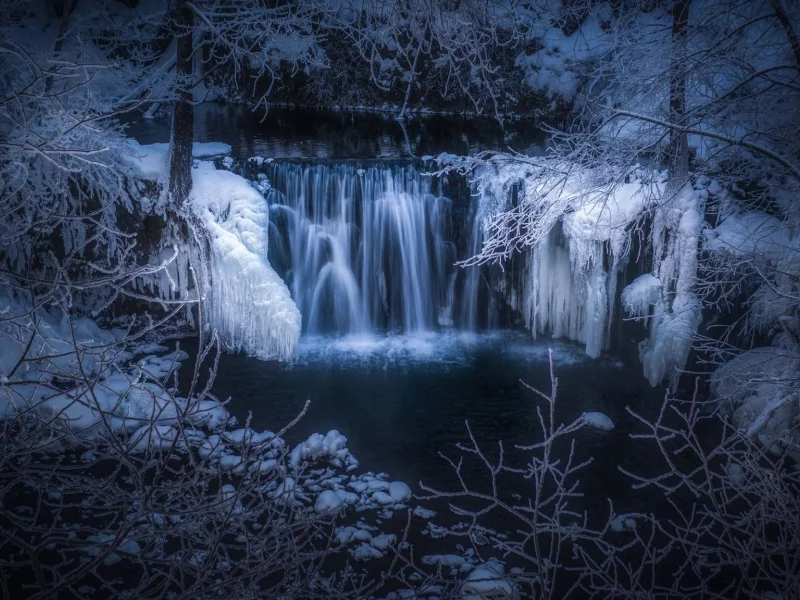природа, лес, водопад, зима