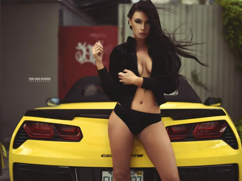 брюнетка, красивая, позирует у автомобиля, chevrolet corvette