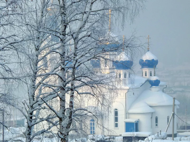зима, снег, деревья, храм