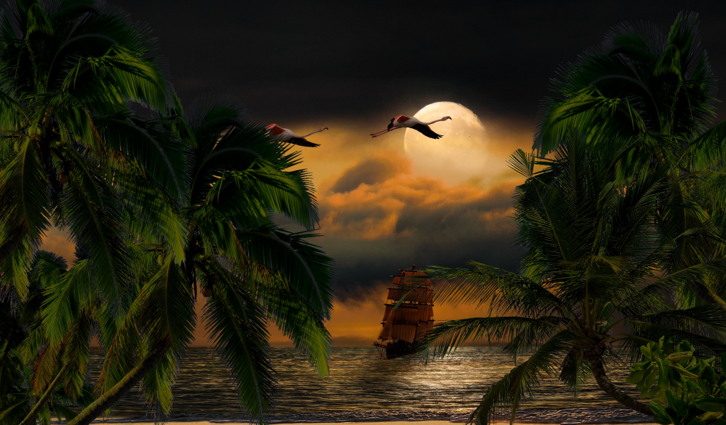 ночь, луна, море, корабль, фламинго, пальма