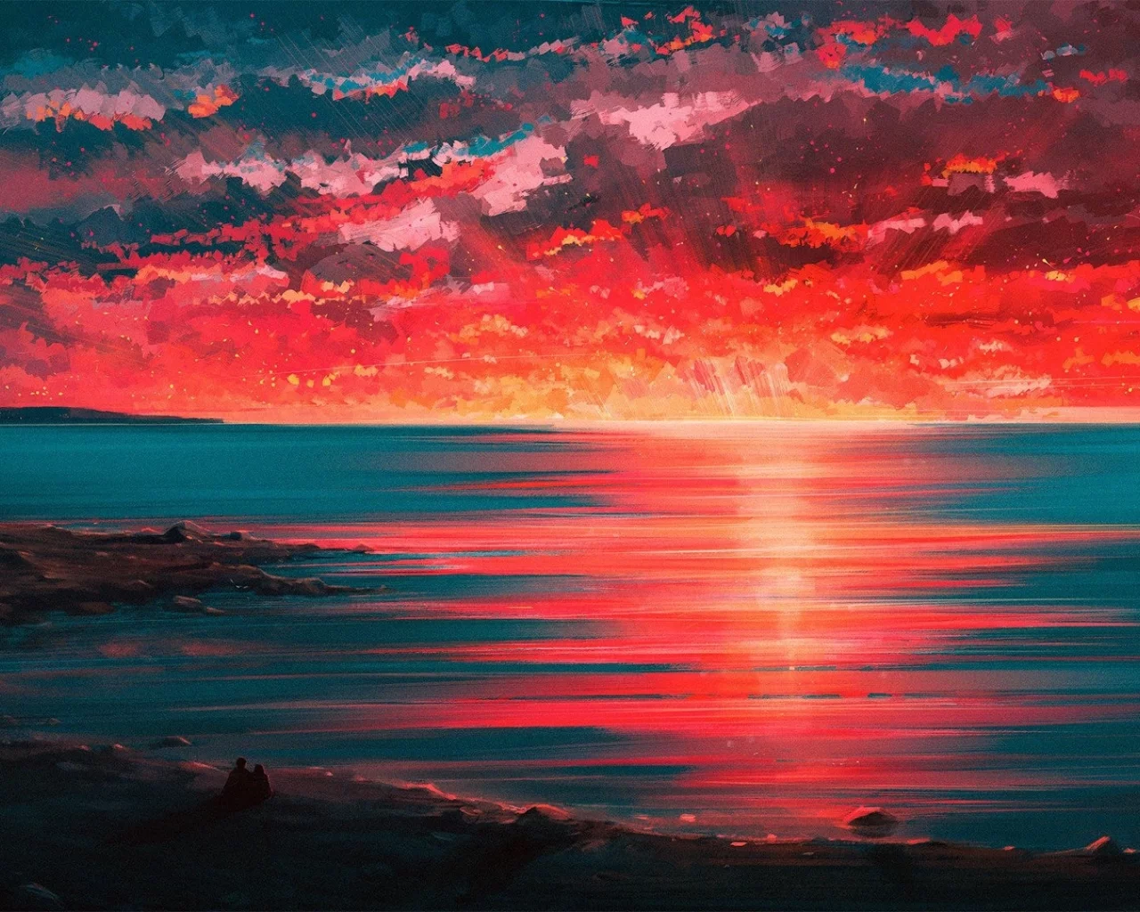 море, небо, облака, закат