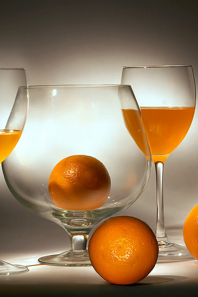 апельсины, бокалы, сок