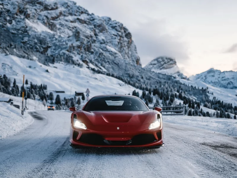 auto, ferrari, дорога, снег, зима