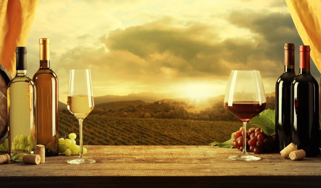 пейзаж, виноградник, бутылка, вино, бокал, виноград