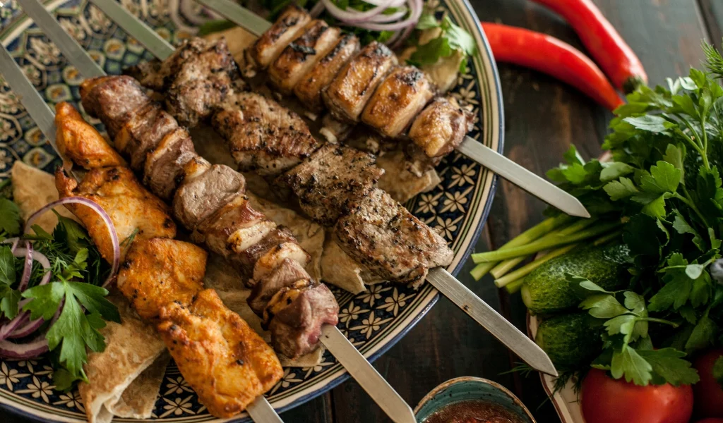 еда, шашлык, овощи, мясо