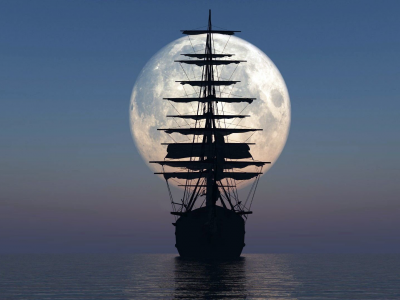 корабль, море, луна, закат