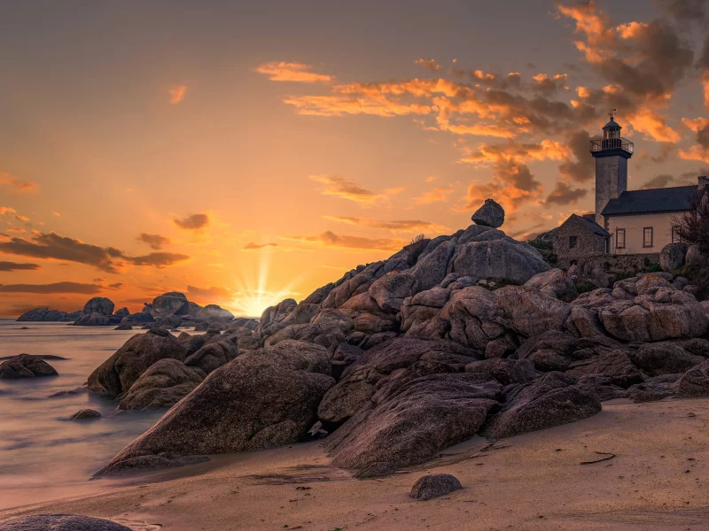 рассвет, берег, море, маяк