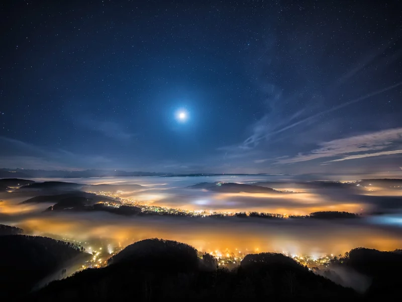 пейзаж, ночь, луна, туман, свет, звёзды