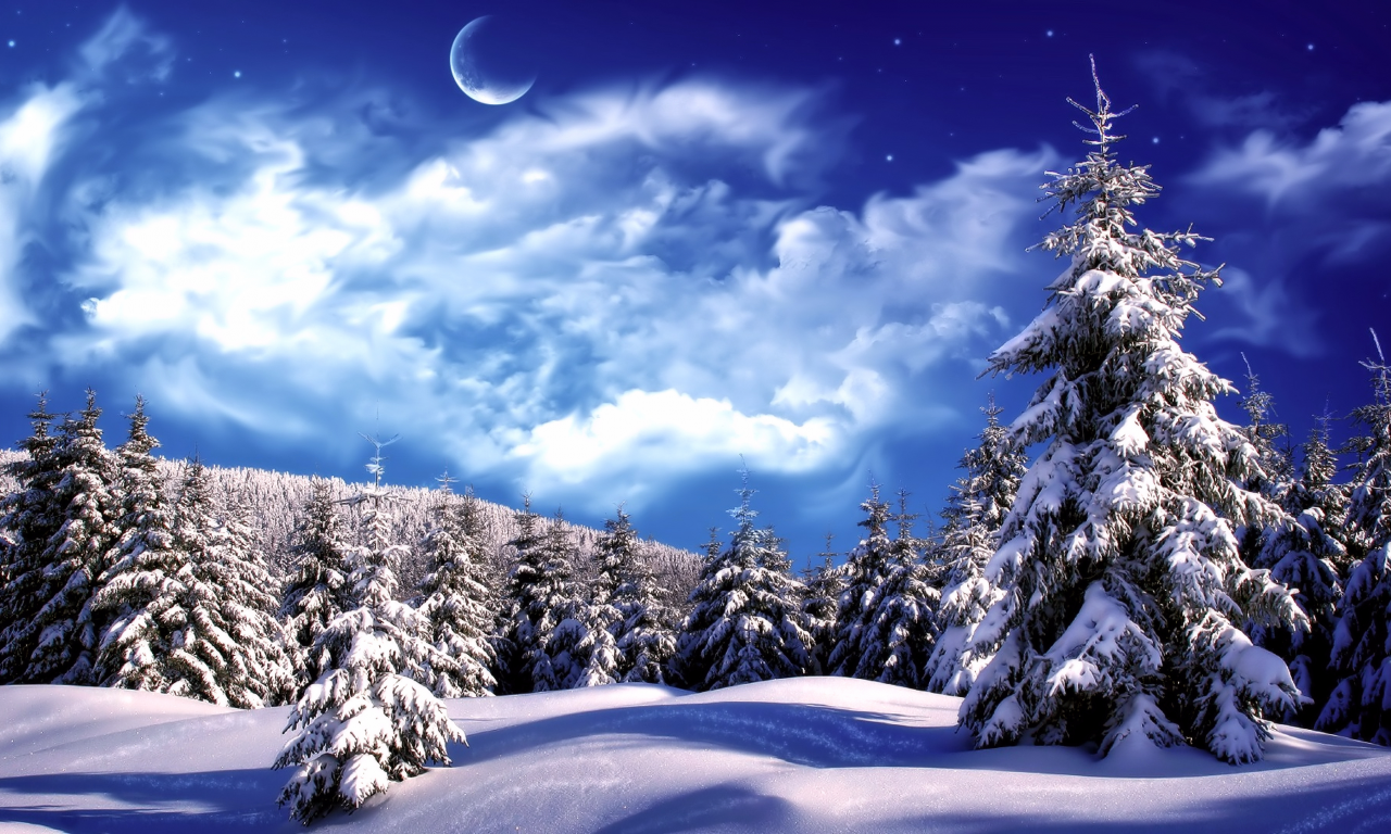 пейзаж, зима, ночь, лес, луна, снег