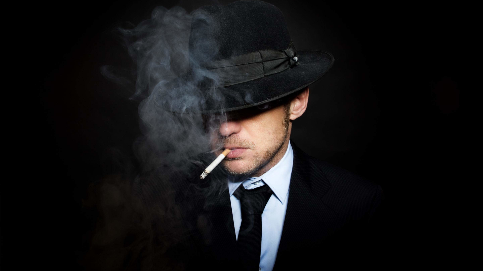 мужик, шляпа, сигарета, дым, костюм