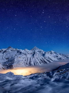 пейзаж, ночь, горы, туман, звёзды, снег