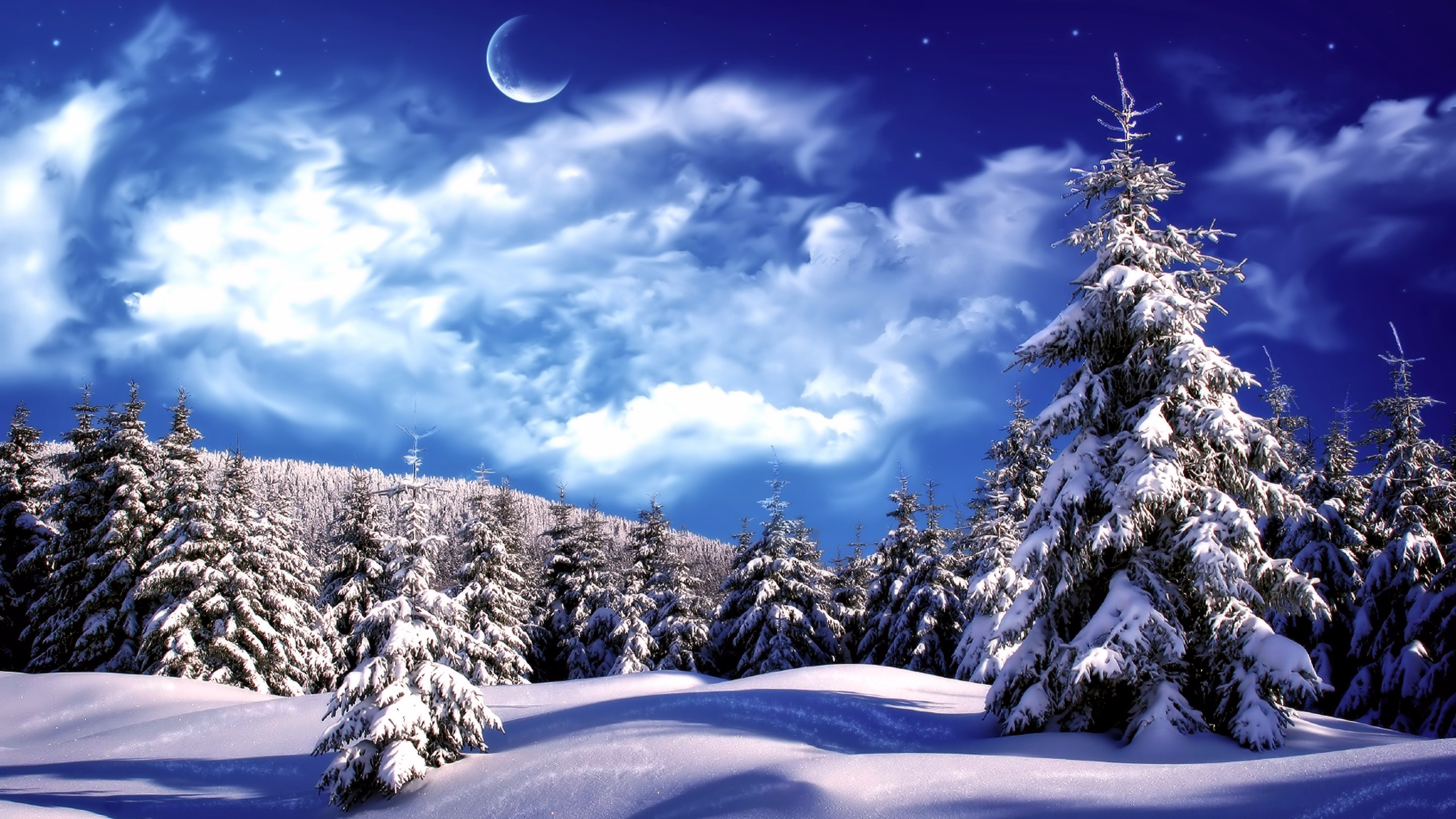 пейзаж, зима, ночь, лес, луна, снег