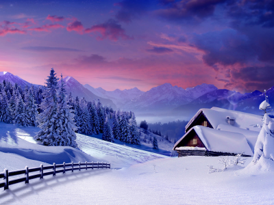 зима, снег, поле, дом, деревья
