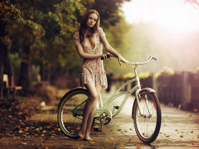 девушка, милая, симпатичная, платье, велосипед