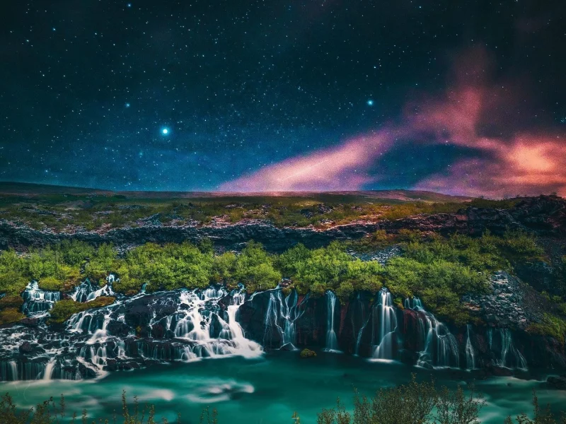 природа, горы, водопад, лес, ночь, звёзды