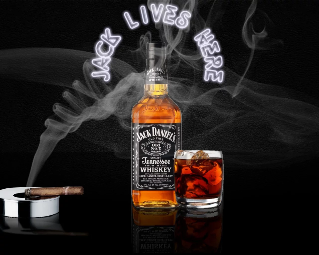 алкоголь, виски, jack daniels, бутылка, сигара, пепельница