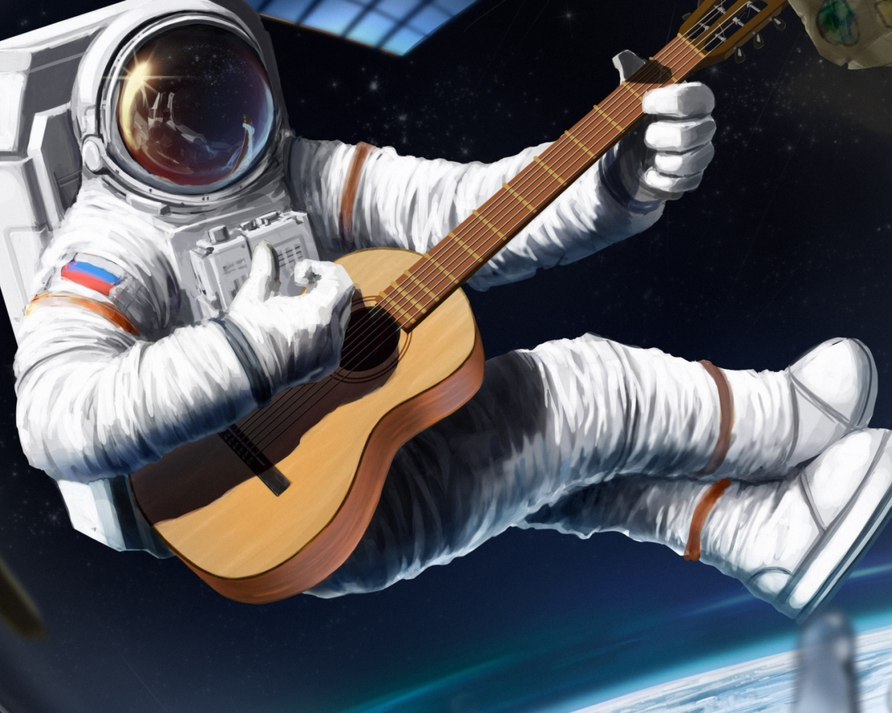 космос, космонавт, играет на гитаре