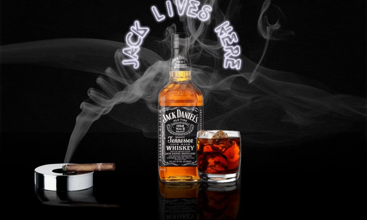 алкоголь, виски, jack daniels, бутылка, сигара, пепельница