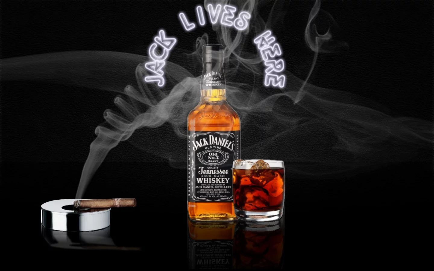 алкоголь, виски, jack daniels, бутылка, сигара, пепельница