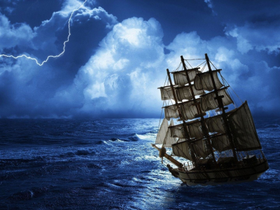 ночь, море, корабль, парусник, молния