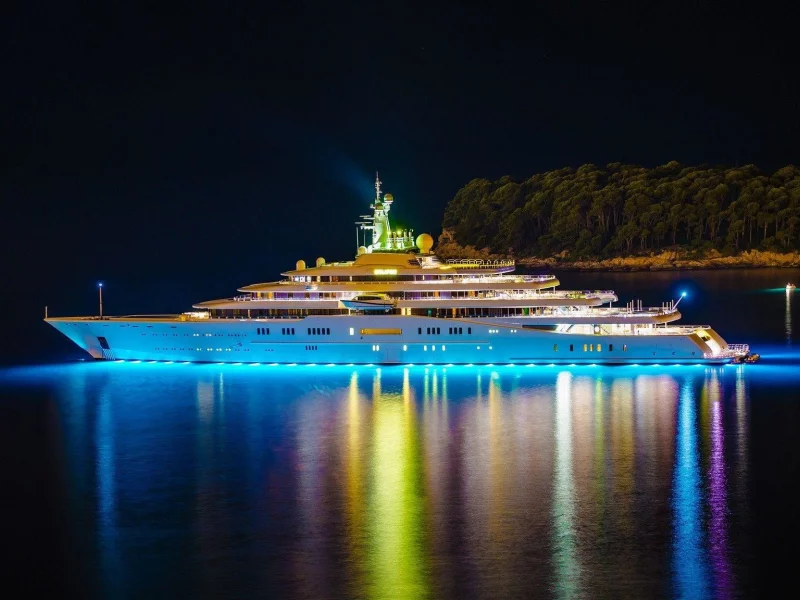 яхта, ночь, подсветка, море