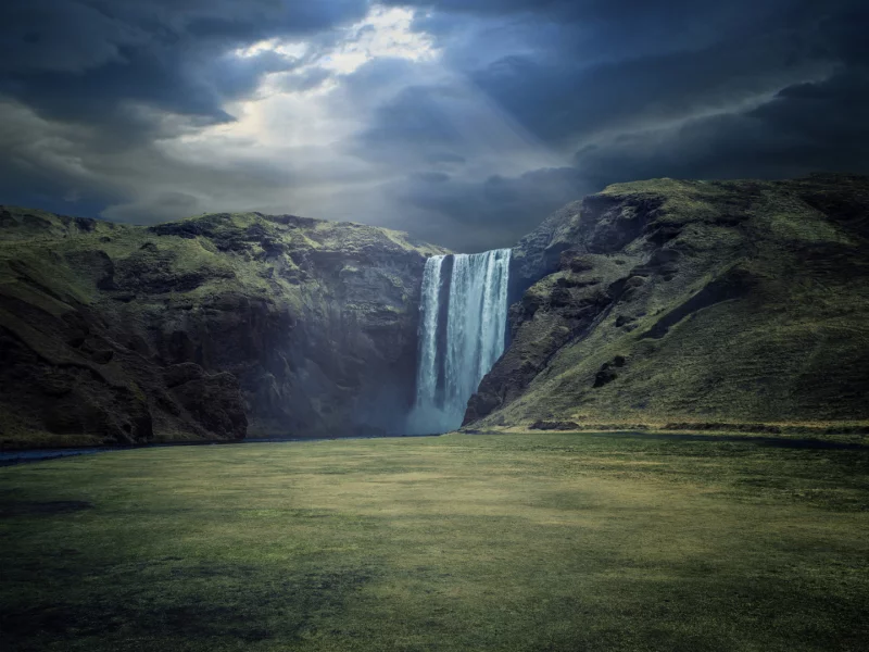 гора, водопад, облака
