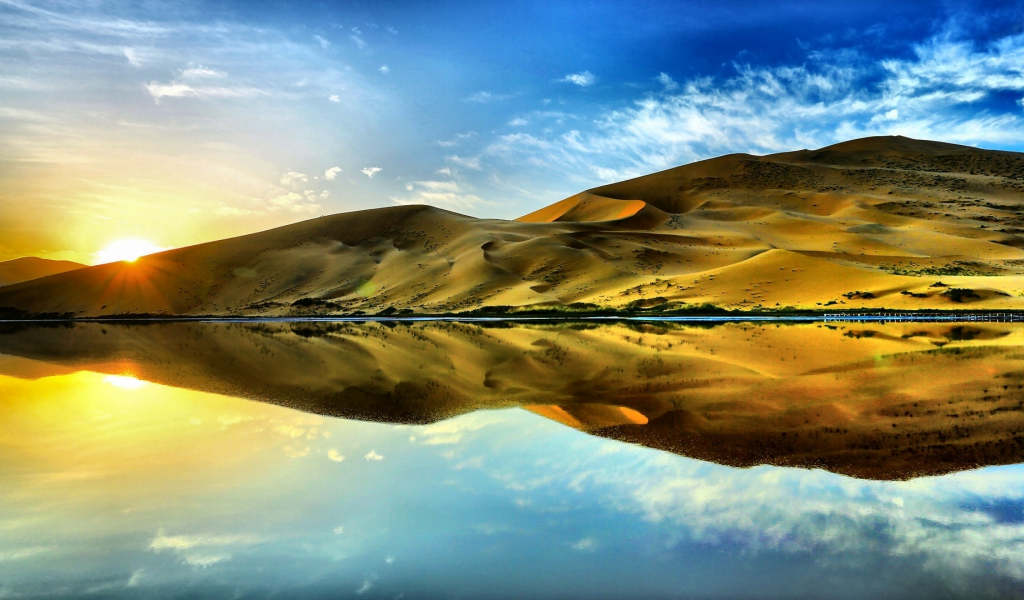 пейзаж, монголия, пустыня, озеро, солнце, закат