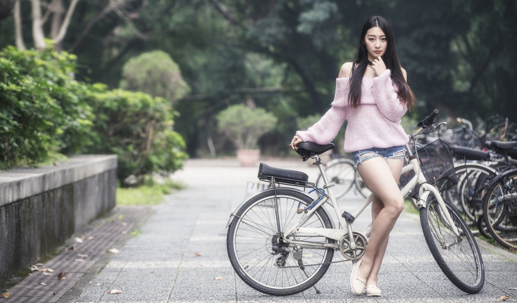 девушка, милая, симпатичная, шорты, азиатка, велосипед