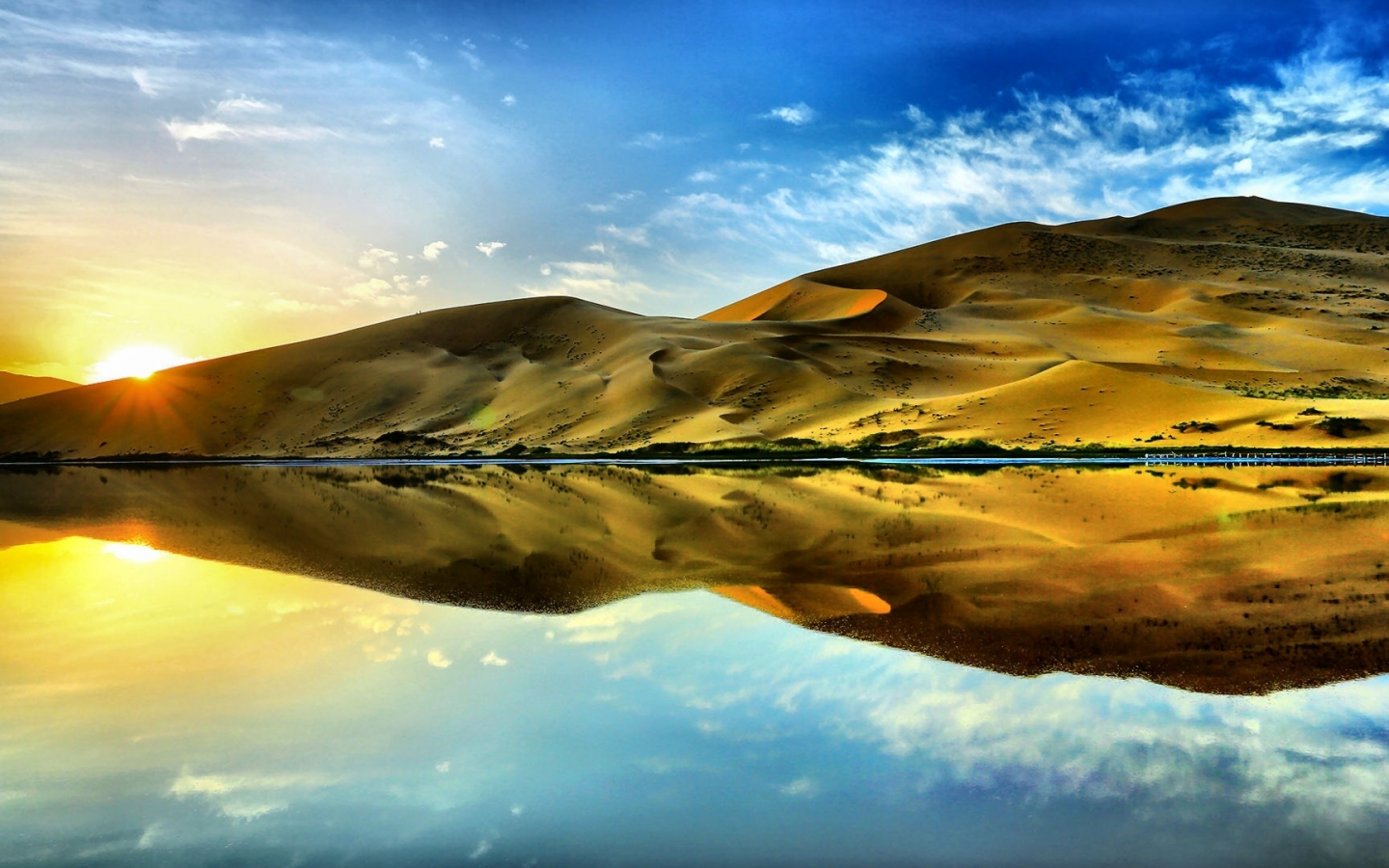 пейзаж, монголия, пустыня, озеро, солнце, закат