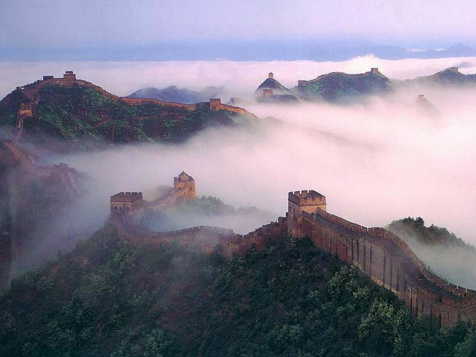 китай, великая, стена, great wall, туман, горы