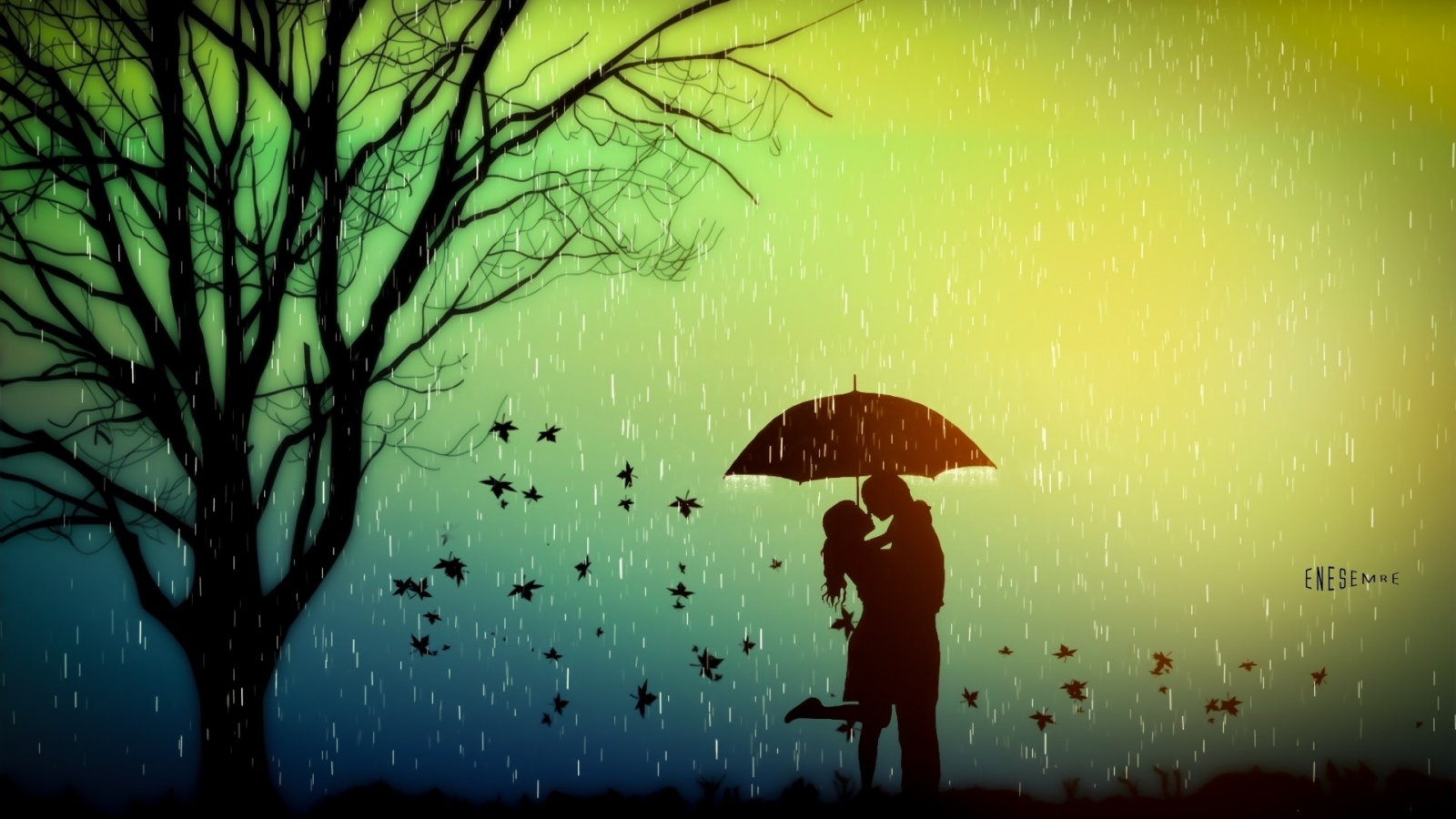 осень, двое под зонтом, влюблённые