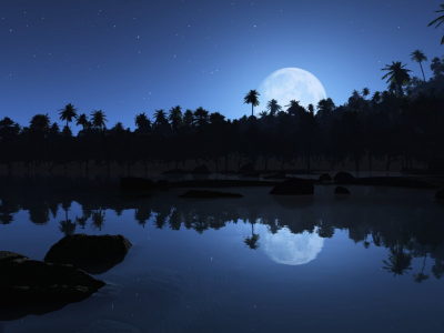 озеро, ночь, луна