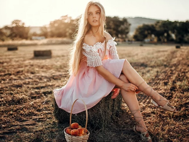 девушка, милая, симпатичная, корзина, яблоки