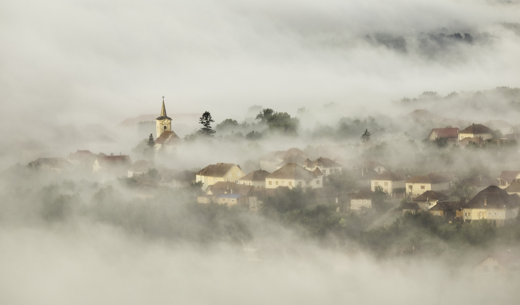 деревня, туман