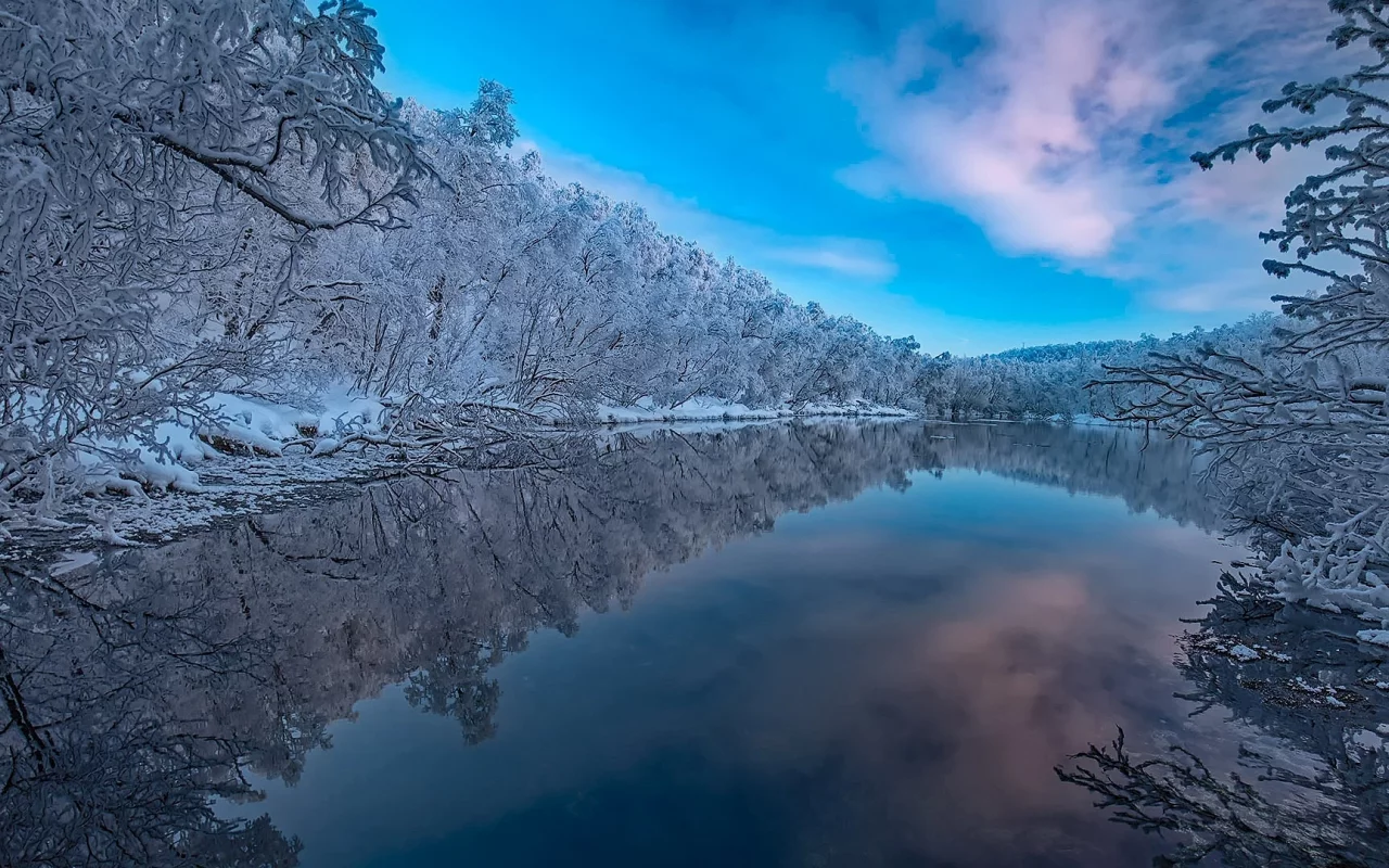 река, лес, зима