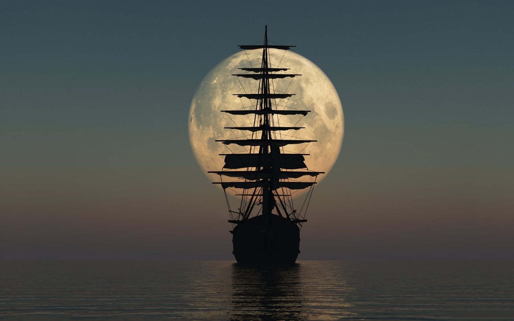 море, корабль, луна